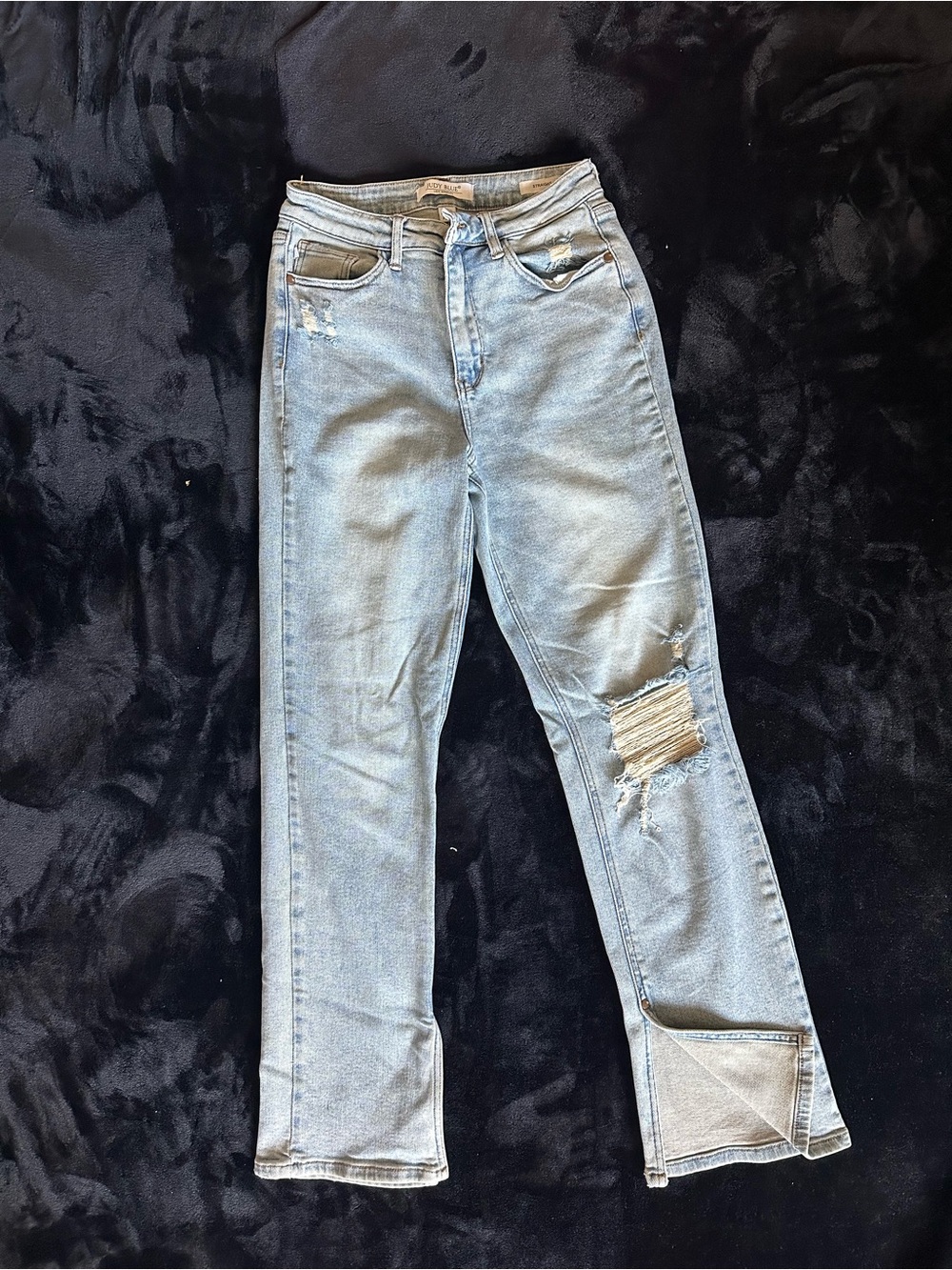 Judy Blue Light Blue Straight Leg High Rise Ripped Split-Hem Jeans